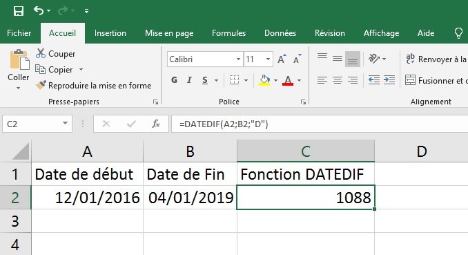 Excel : différence entre deux dates