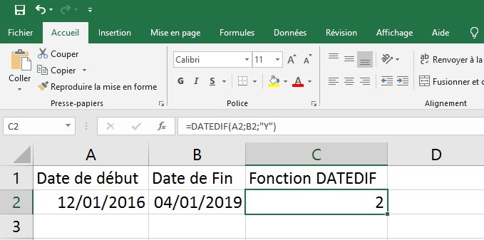 Excel : différence entre deux dates