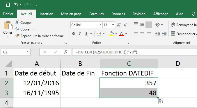 Excel : différence entre deux dates