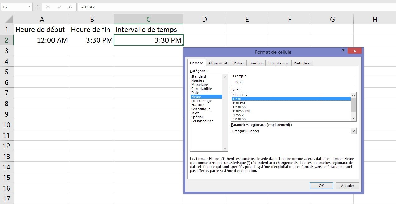 Excel : la différence entre deux heures sans AM-PM