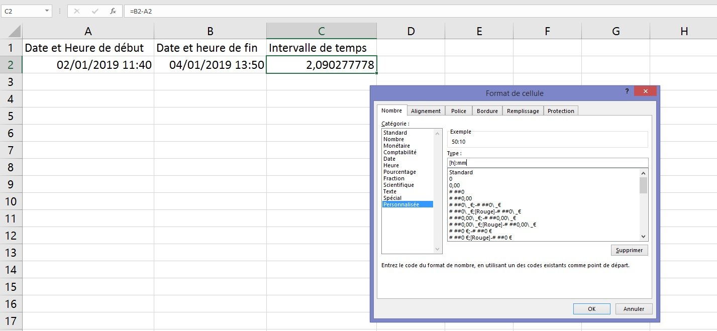 Excel : la différence entre deux heures