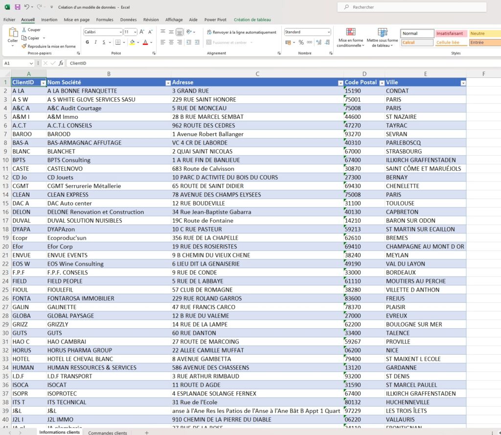Feuille de calcul n°1 : coordonnées clients