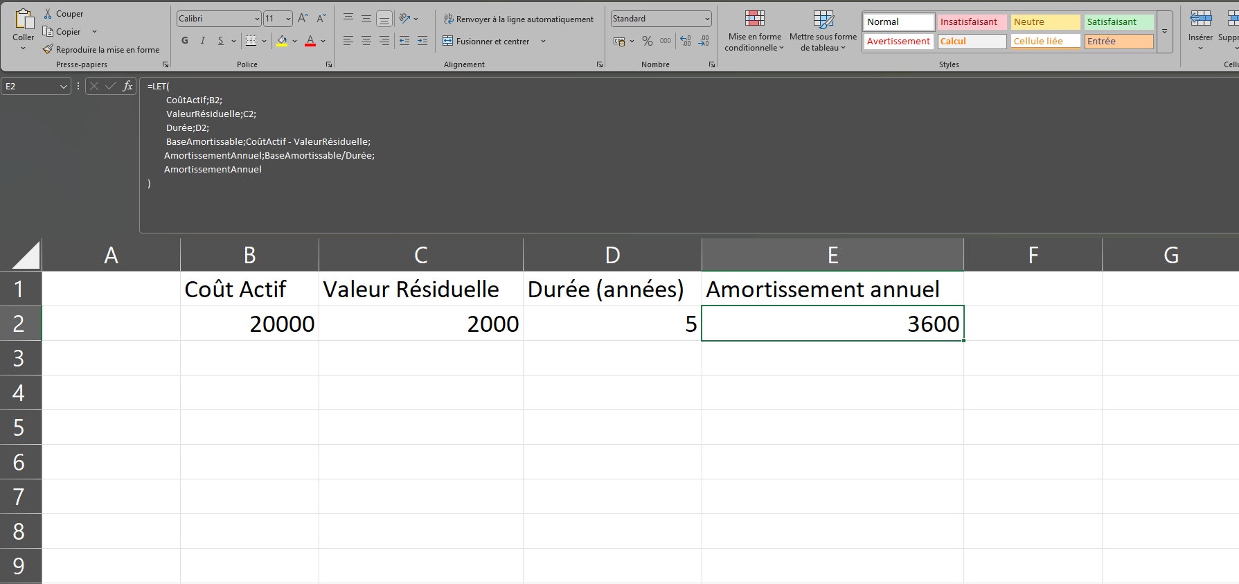 La fonction LET : Calcul amortissement